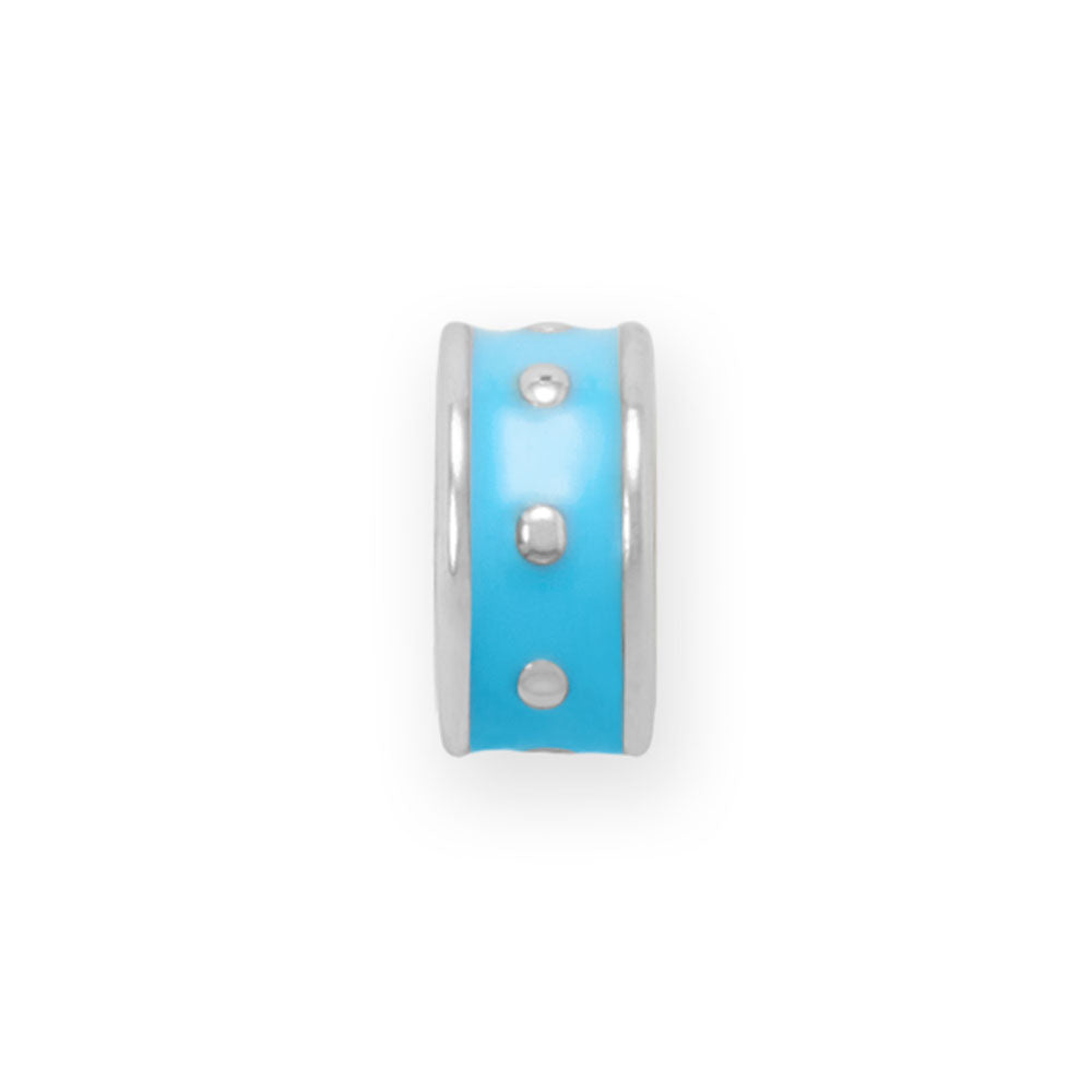 Rhodium Plated Blue Enamel Inlay Dotted Wheel Bead Charm