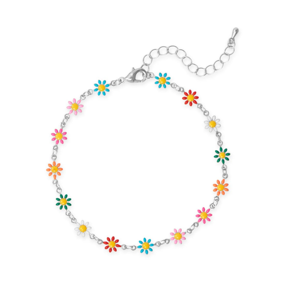 9 + 2 Silver Tone Multi Color Enamel Flower Fashion Anklet