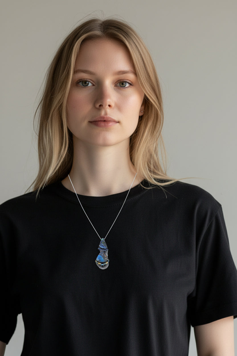 Lindsey | 18k White Gold | Boulder Opal, Blue & Yellow Sapphires, and Tsavorite Garnets | Pendant