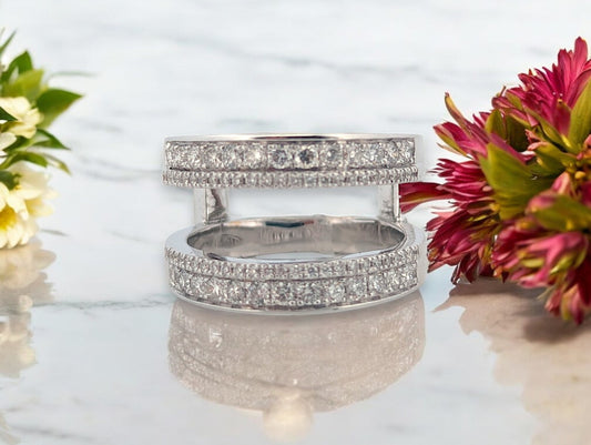 14k white gold double-band wrap ring with .80 ctw natural pavé diamonds, connected by vertical bars, size 7.25.