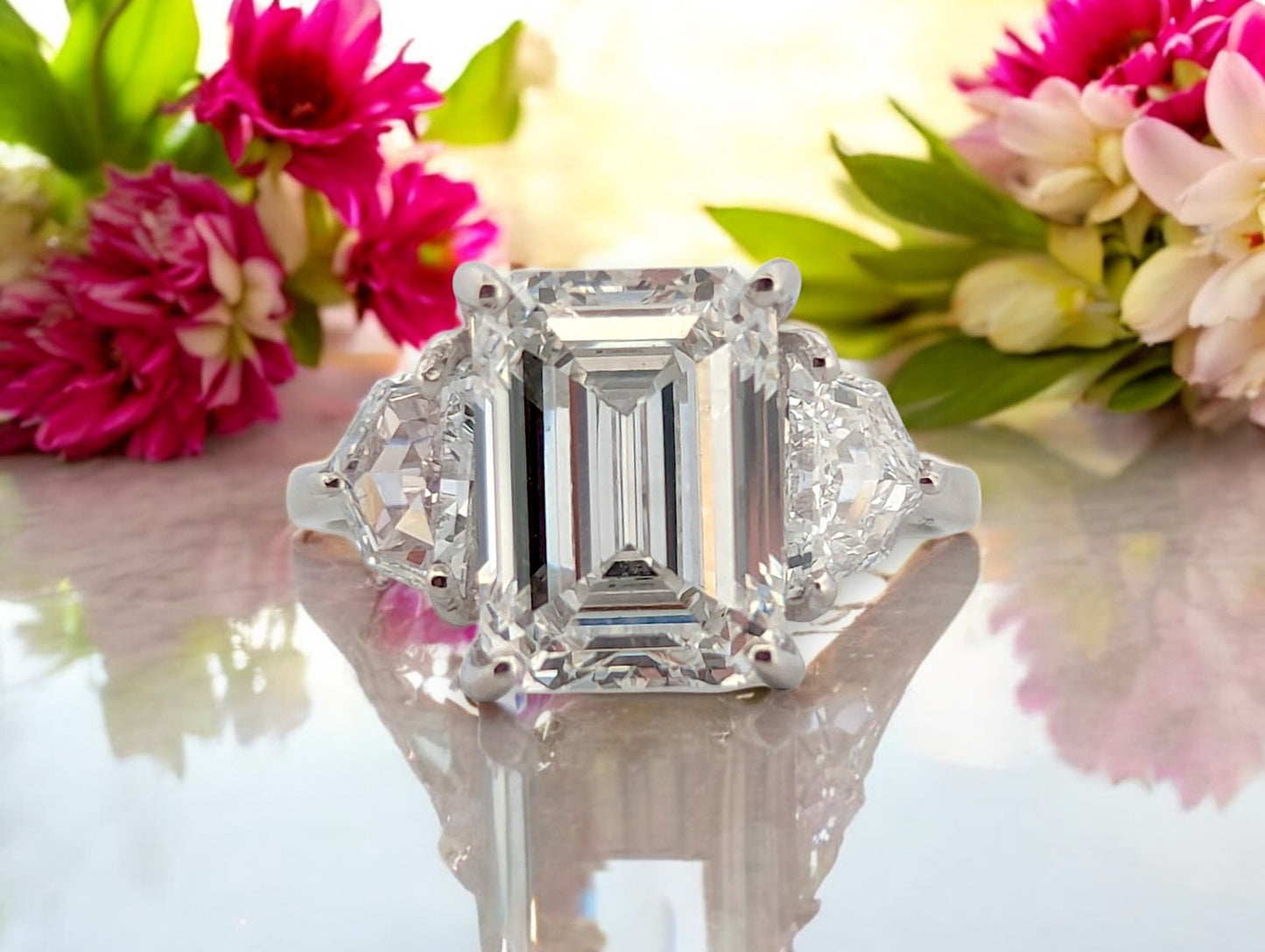 14k White Gold Engagement Ring with 4.10 ct Emerald Cut Lab Diamond & .87 ctw Side Stones – IGI Graded, Size 7
