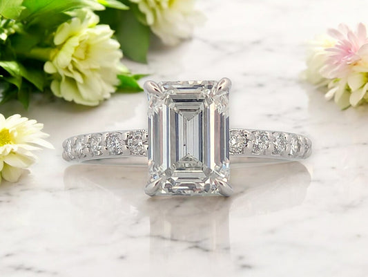 14k white gold engagement ring with 2.11 ctw emerald cut lab diamond, .40 ctw on shank, hidden halo, IGI VS2 F