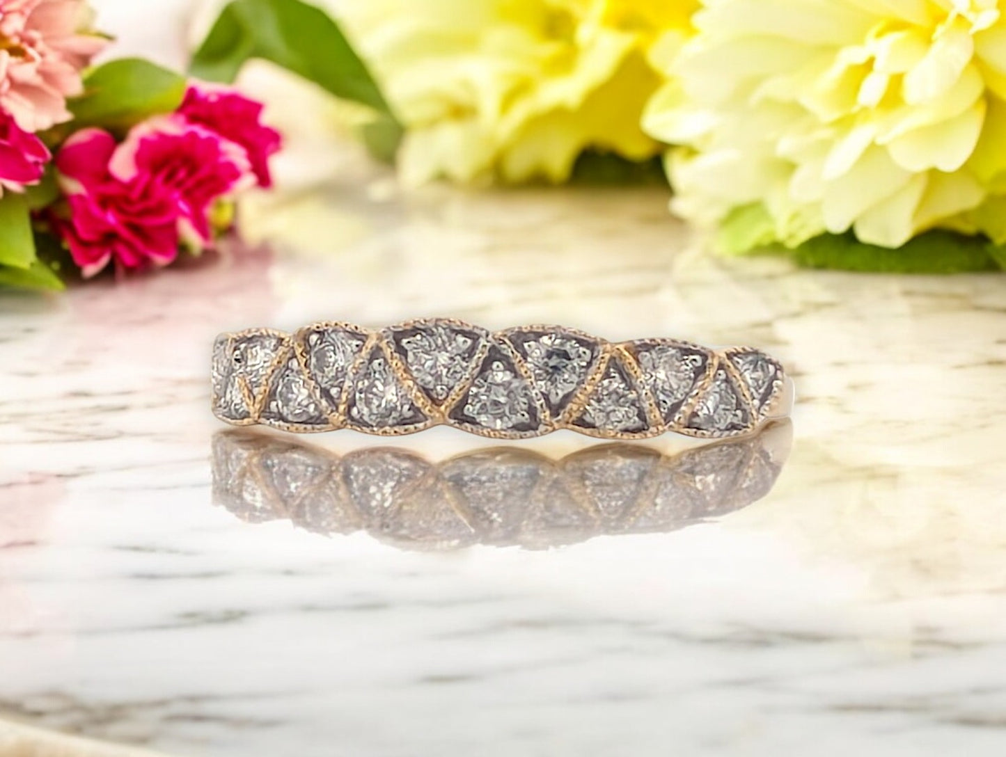 14k yellow gold ring with .40 carat total weight natural diamonds and milgrain detail