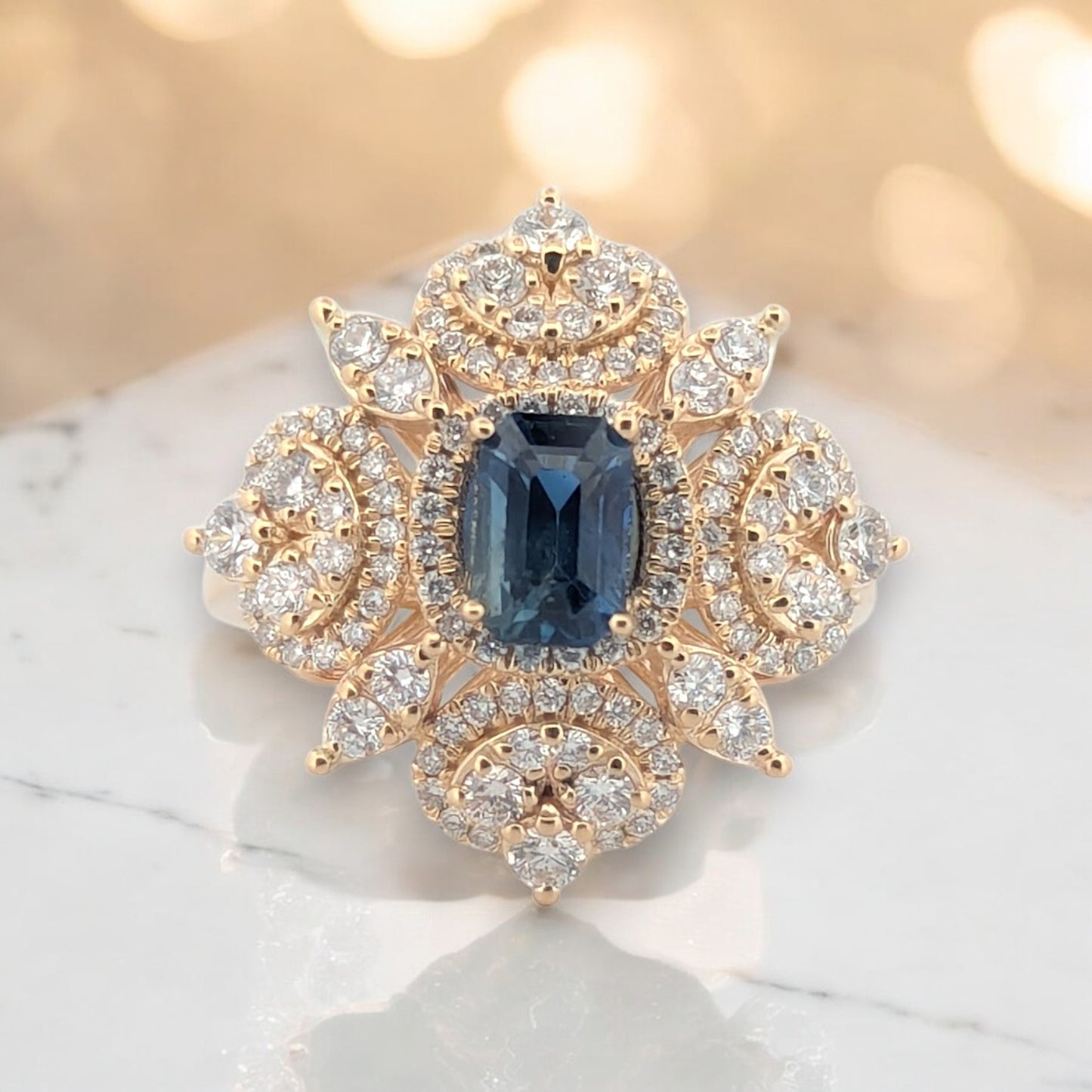 14k Yellow Gold Cocktail Ring with .95 ct Natural Sapphire & .95 ctw Diamonds – Size 6.5