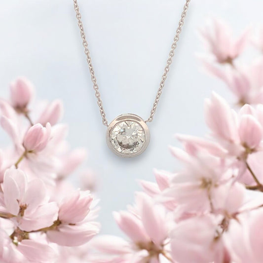 14k white gold necklace with 1.50 ctw bezel set lab diamond on adjustable 16"-18" chain