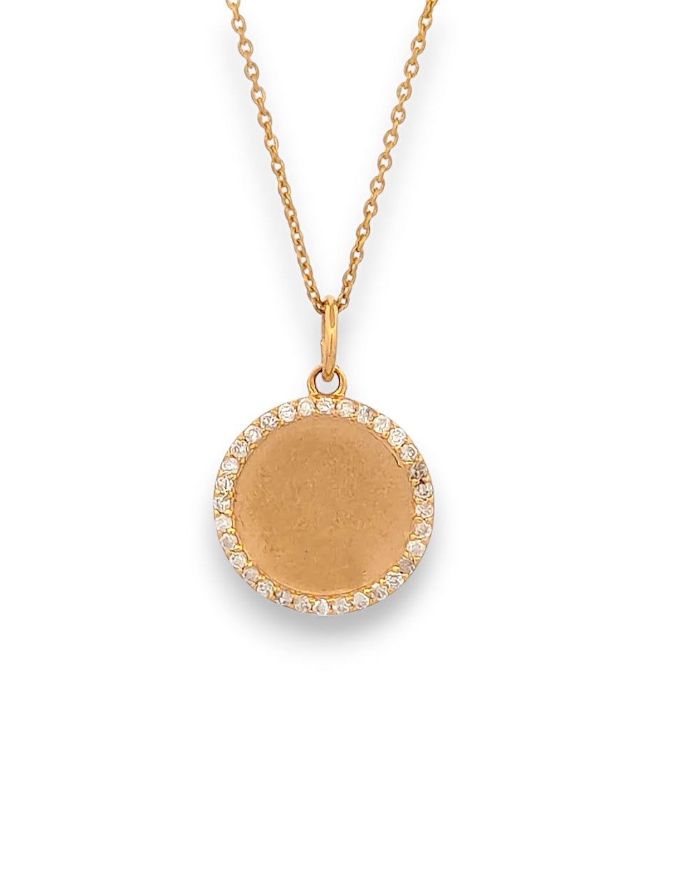 14k yellow gold necklace with circle pendant featuring .25 ctw natural diamonds, adjustable 16"-18" chain