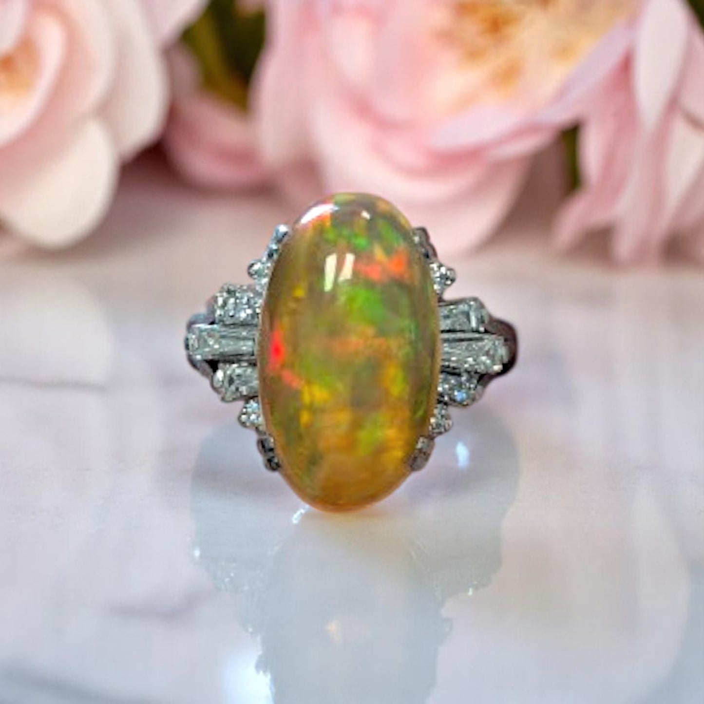 Ottilie | Platinum | Fire Opal and Natural Diamond | Ring