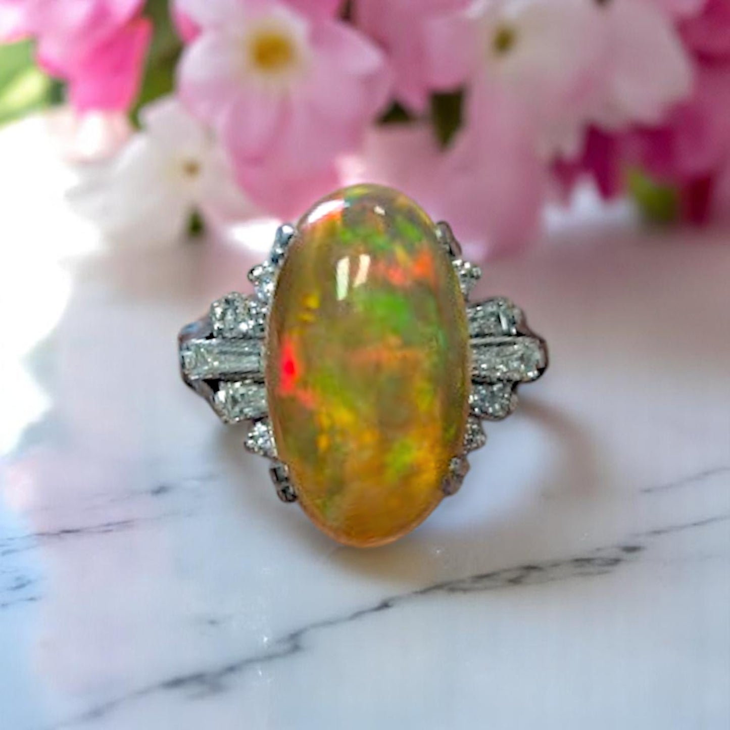 Ottilie | Platinum | Fire Opal and Natural Diamond | Ring
