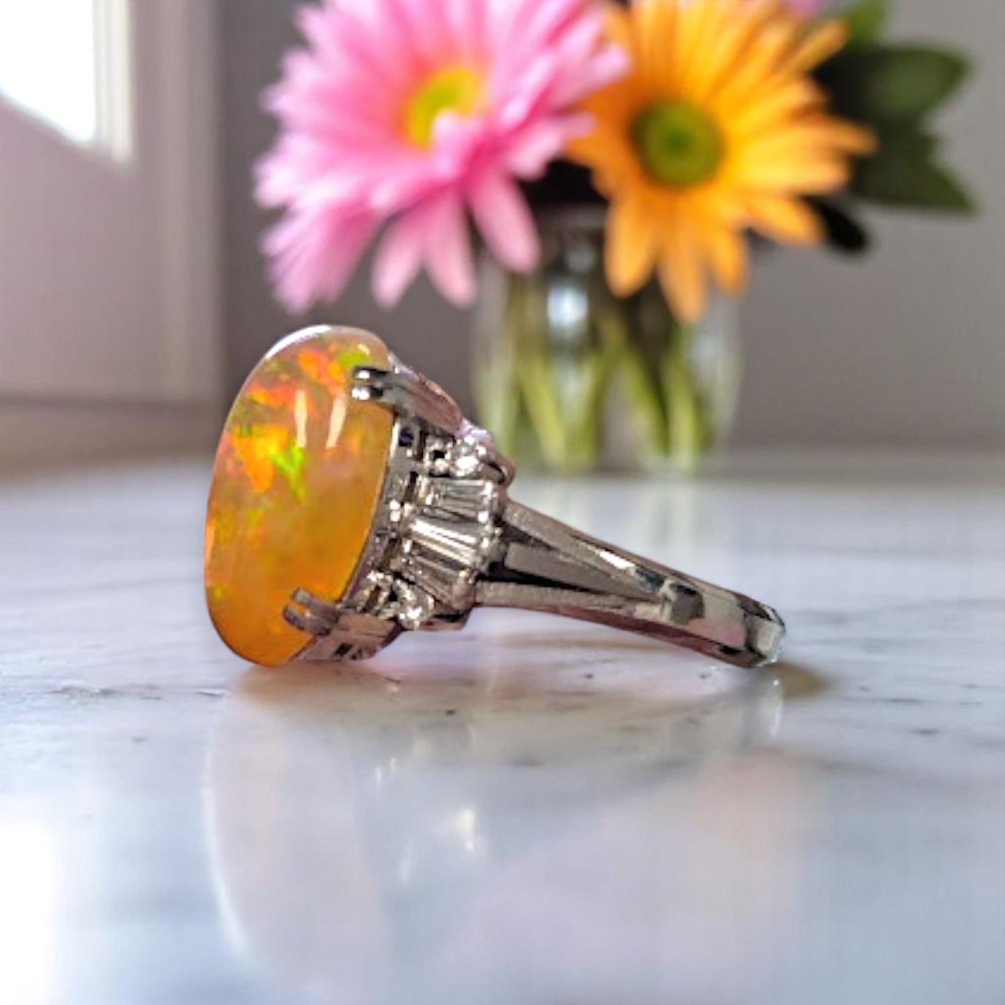 Ottilie | Platinum | Fire Opal and Natural Diamond | Ring