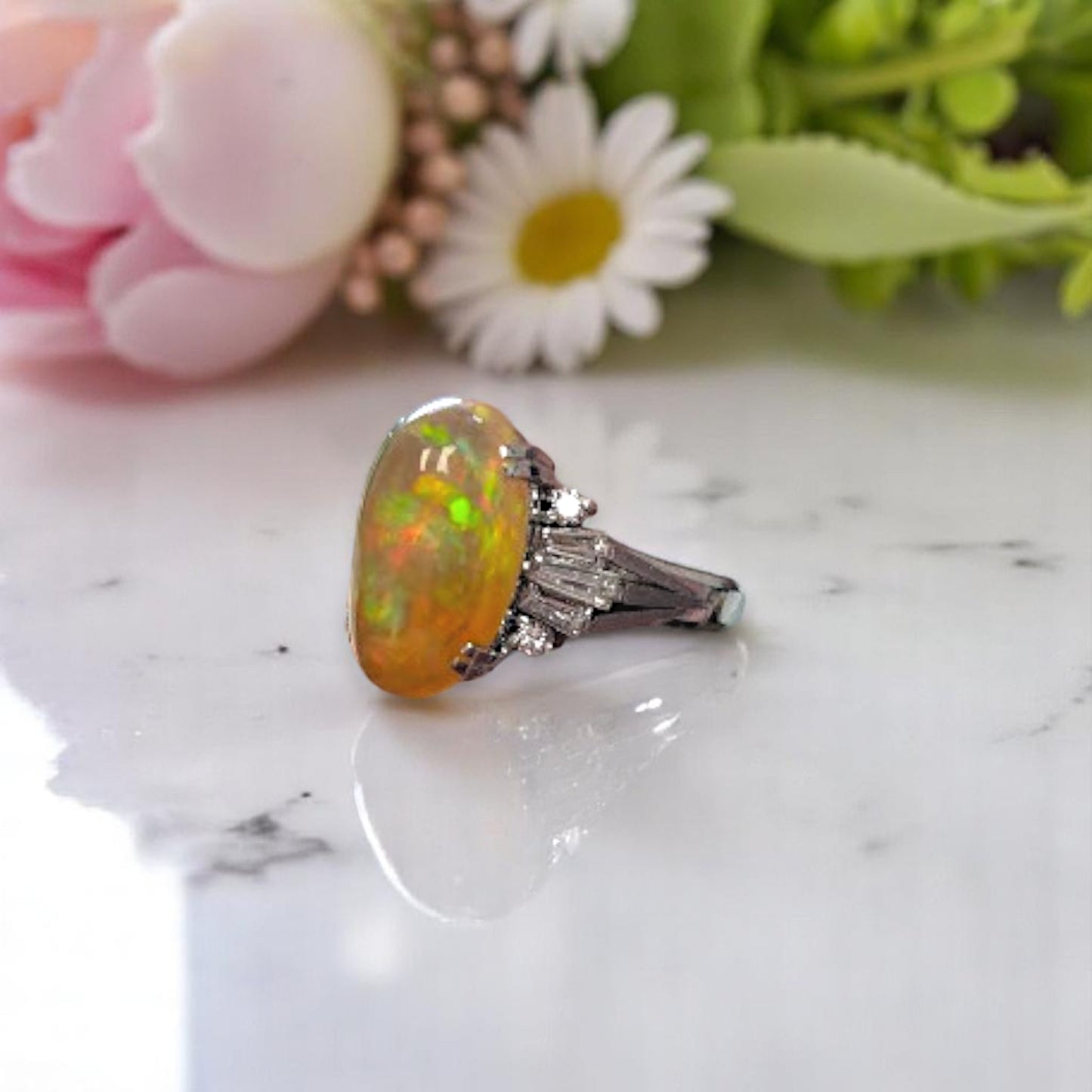 Ottilie | Platinum | Fire Opal and Natural Diamond | Ring