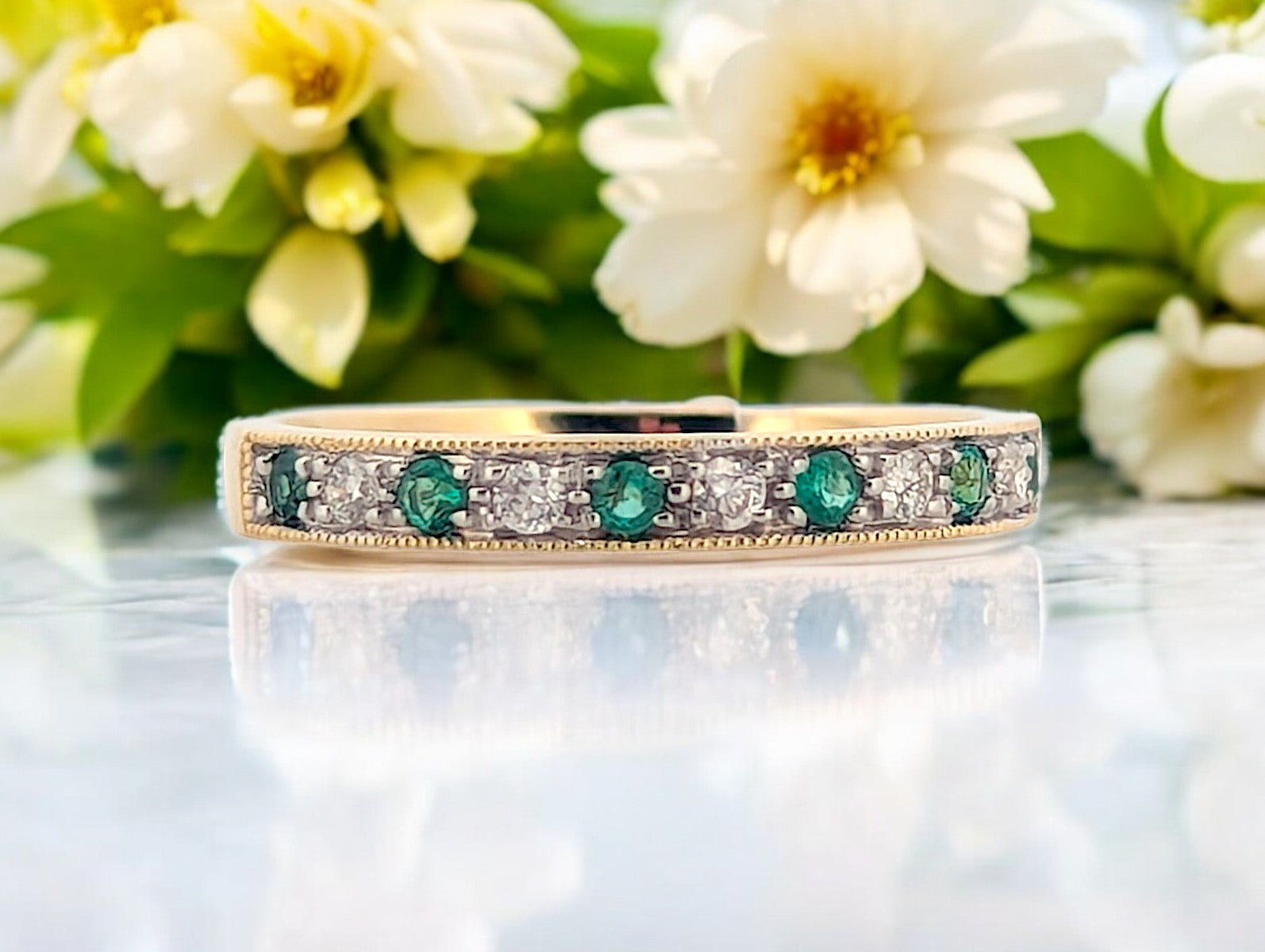 10k yellow gold band ring with natural round Emeralds and Diamonds