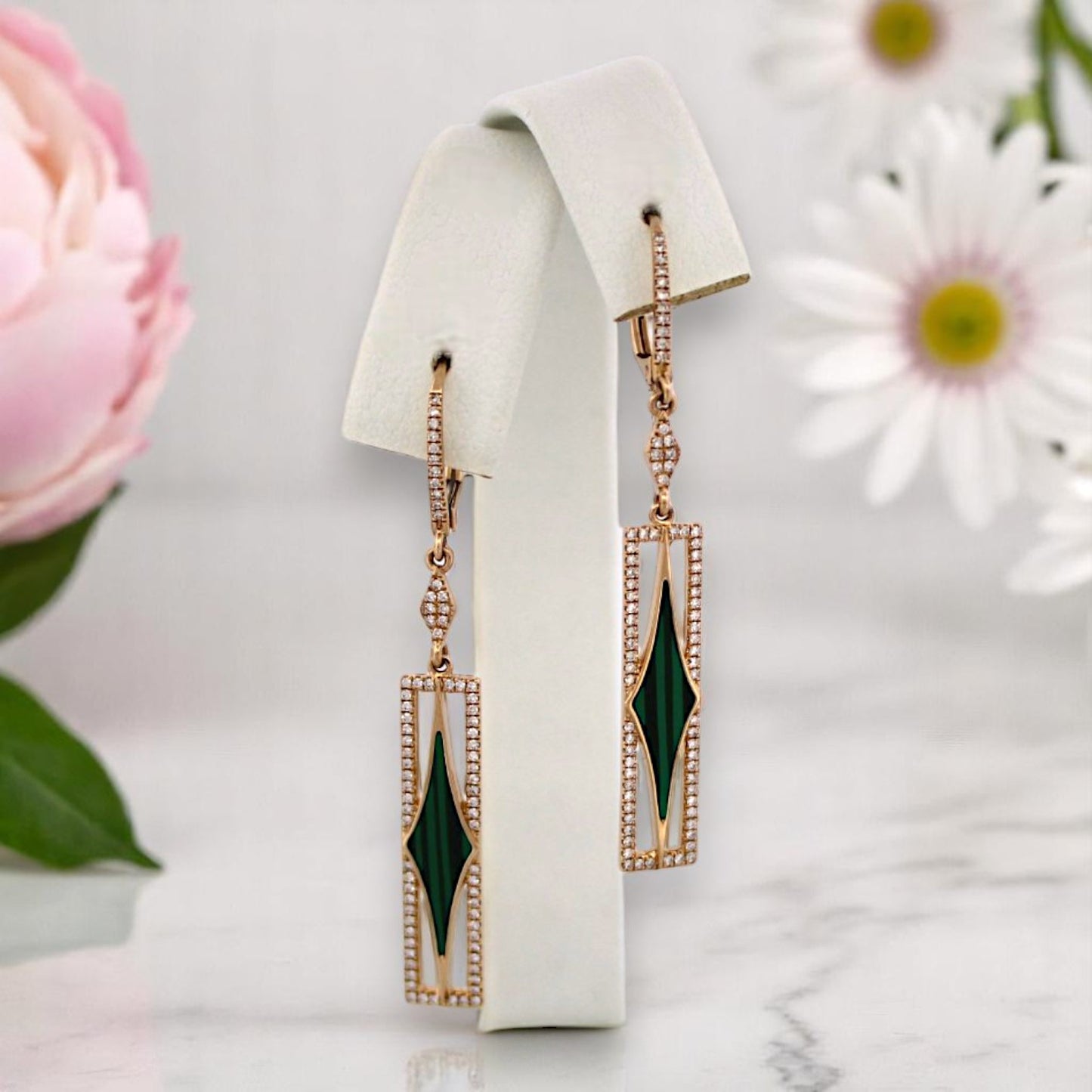 14k Yellow Gold Leverback Earrings with Malachite and Diamonds