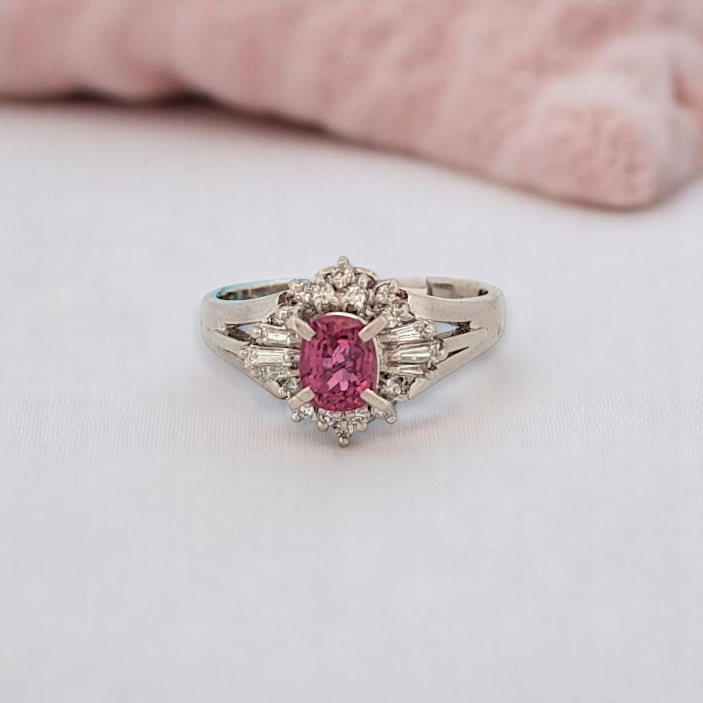 Platinum ring with natural oval ruby and diamond accents