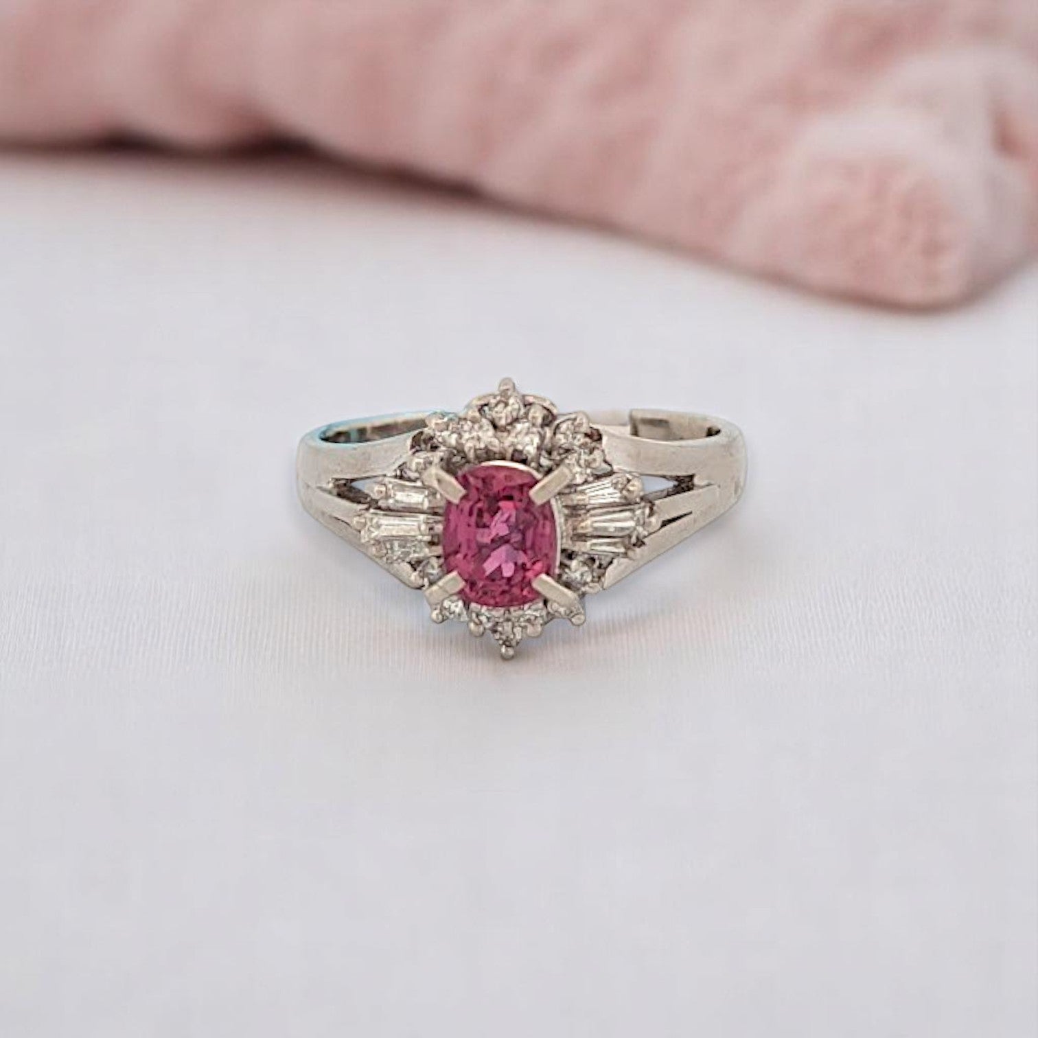 Platinum ring with natural oval ruby and diamond accents