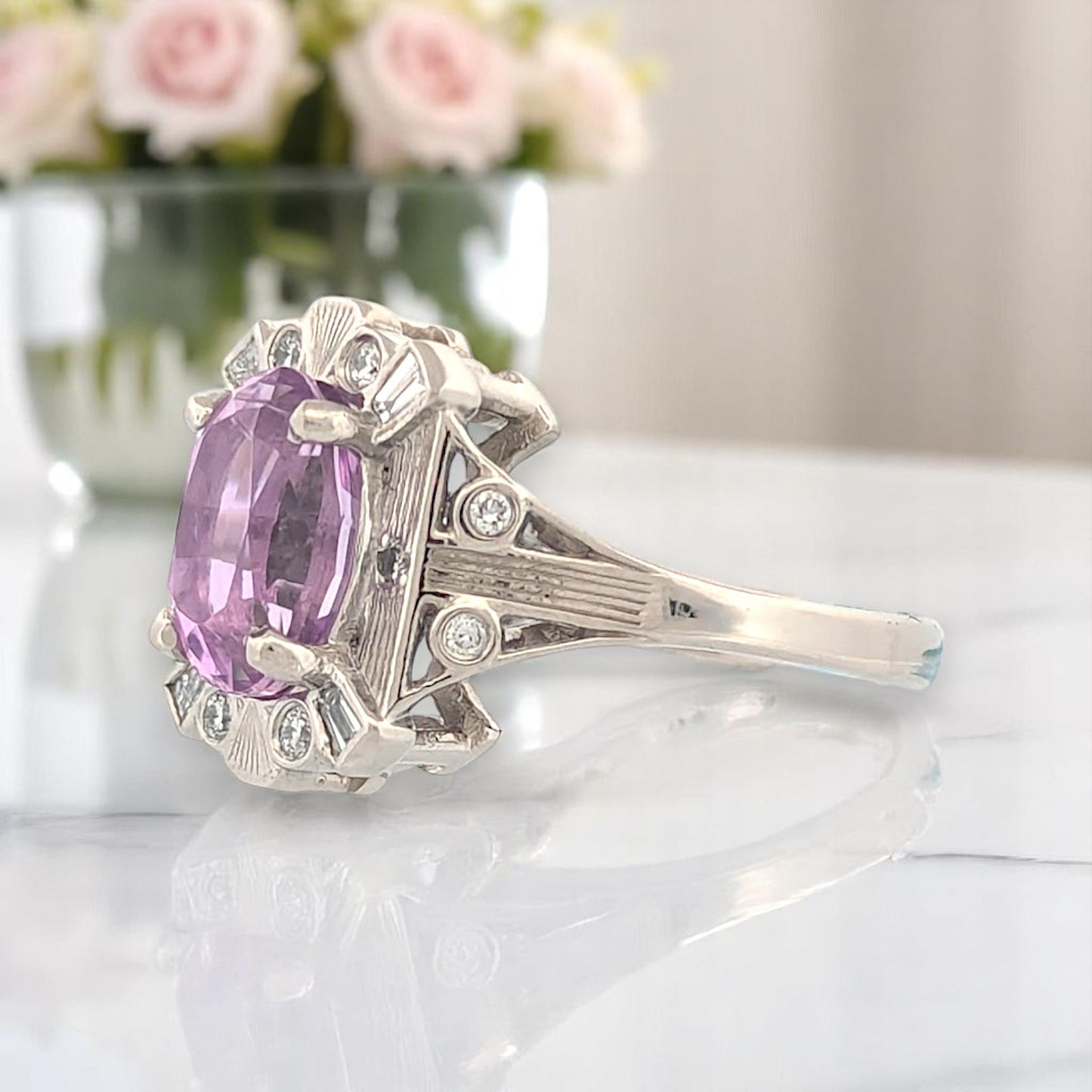 Rhiannon | Platinum | Kunzite and Lab Diamond | Ring