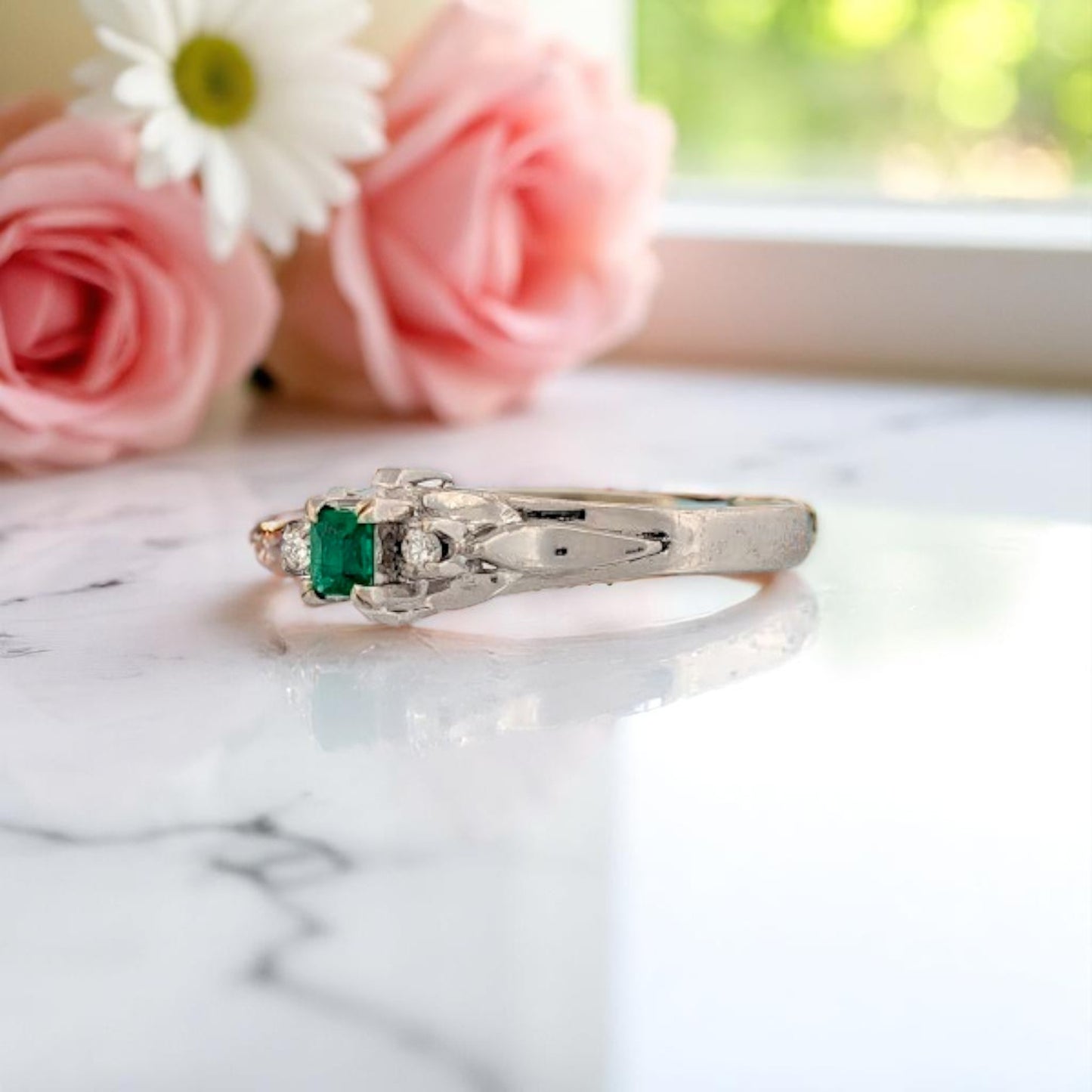 Kinsley | Estate | 14k White Gold | Emerald and Natural Diamond | Ring