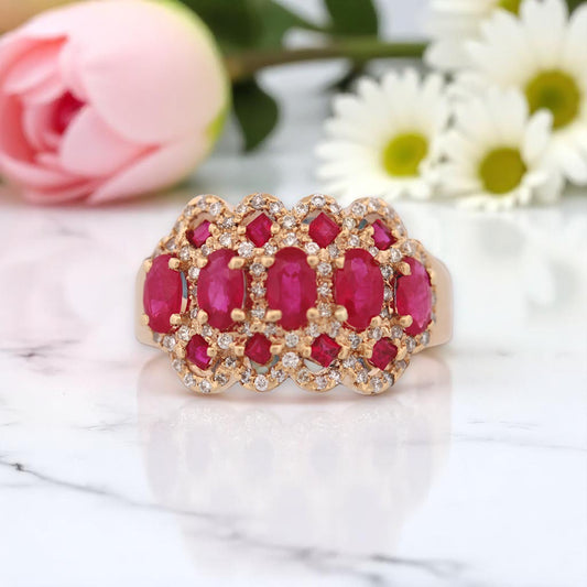 14k White Gold Ring with 1.90 ct Oval & Round Rubies and .35 ctw Diamonds – Size 7