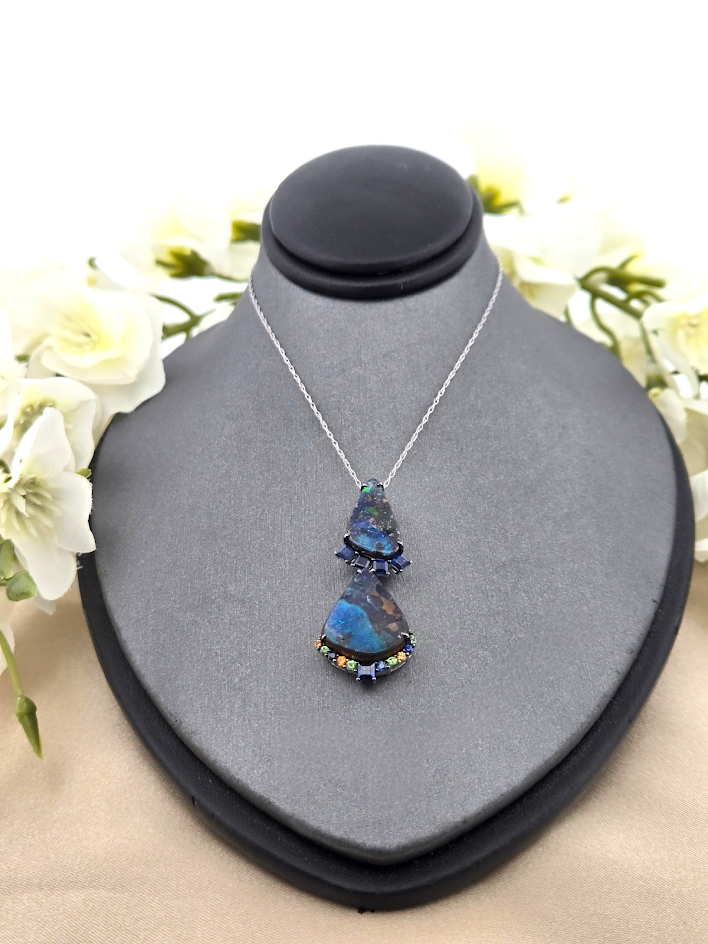 Lindsey | 18k White Gold | Boulder Opal, Blue & Yellow Sapphires, and Tsavorite Garnets | Pendant