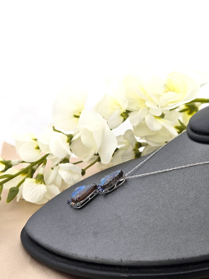 Lindsey | 18k White Gold | Boulder Opal, Blue & Yellow Sapphires, and Tsavorite Garnets | Pendant