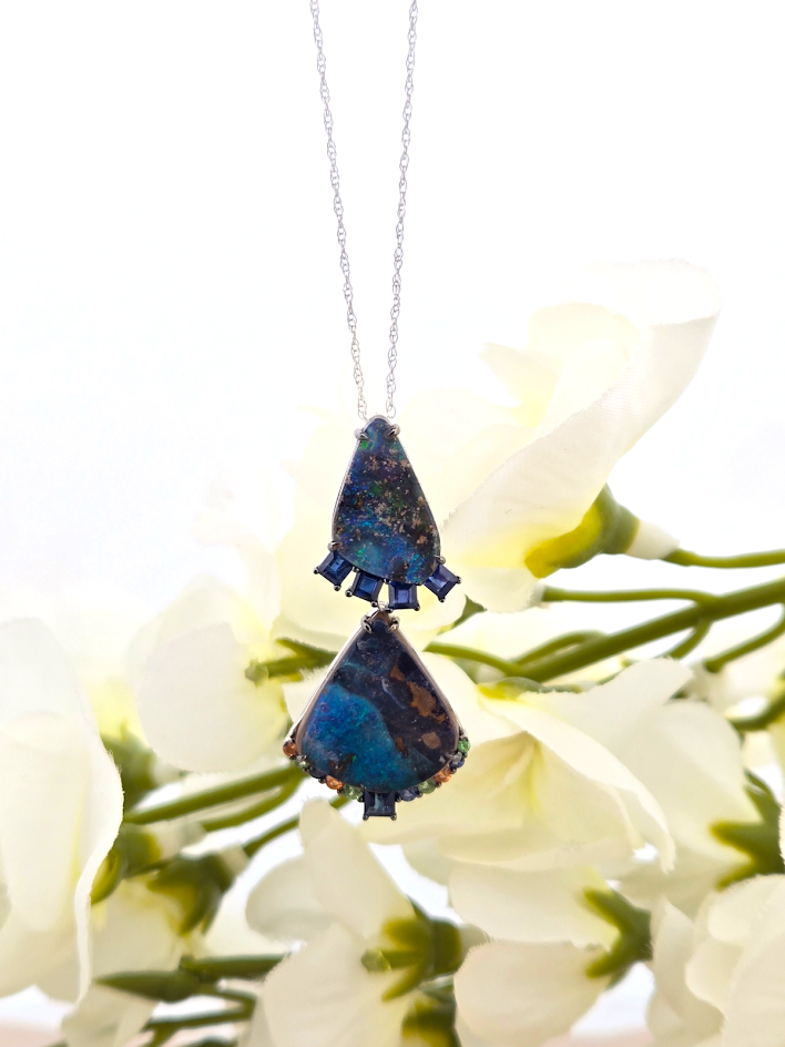 Lindsey | 18k White Gold | Boulder Opal, Blue & Yellow Sapphires, and Tsavorite Garnets | Pendant