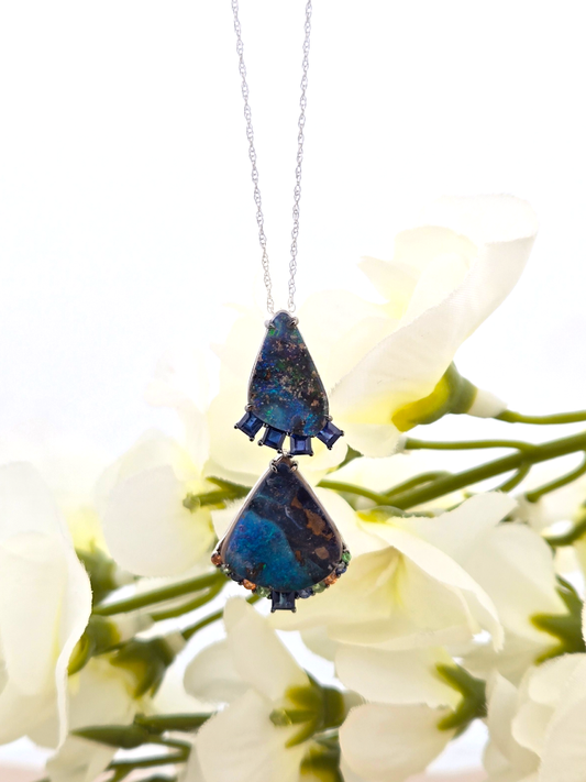 Lindsey | 18k White Gold | Boulder Opal, Blue & Yellow Sapphires, and Tsavorite Garnets | Pendant