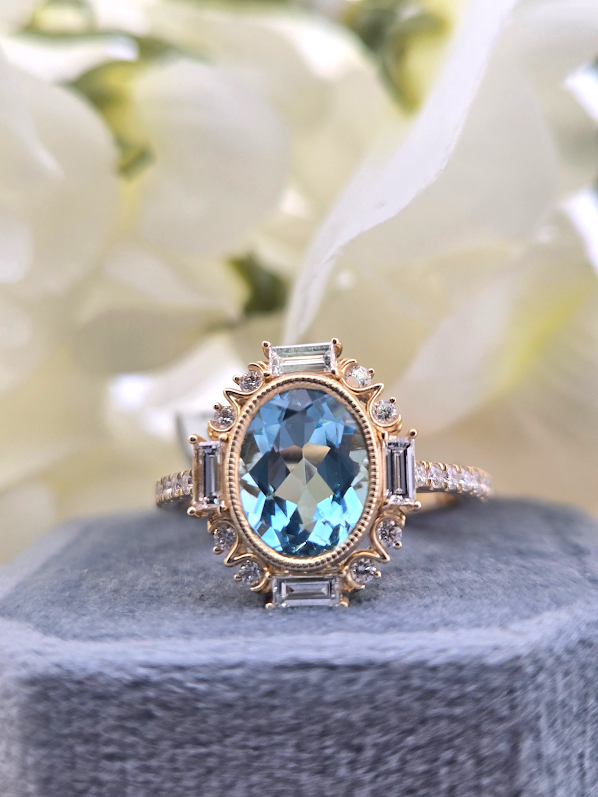 Ellie | 14K Yellow Gold | Aquamarine & Natural Diamonds | Ring