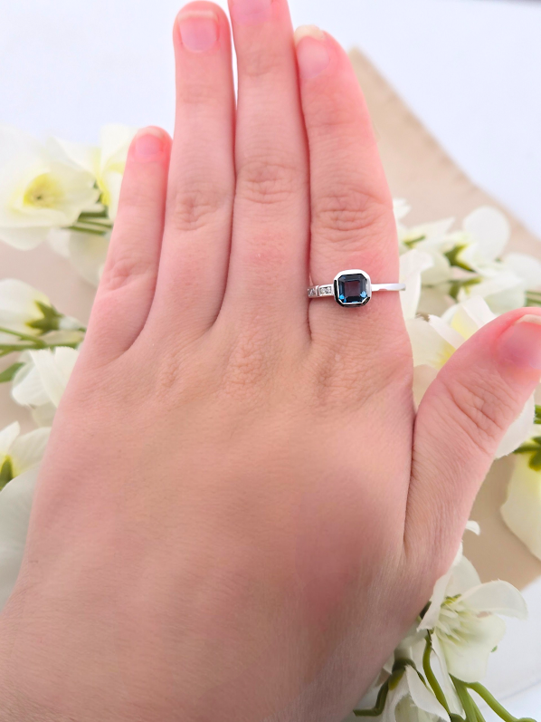 Marci | 10K White Gold | London Blue Topaz & Natural Diamond | Ring