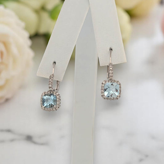 10k white gold leverback earrings with checkerboard cut aquamarines and natural diamonds
