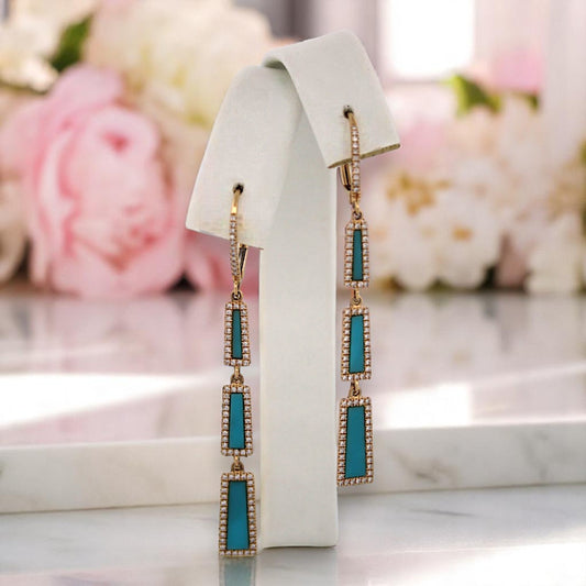 14k Yellow Gold Leverback Earrings with Turquoise and Diamonds