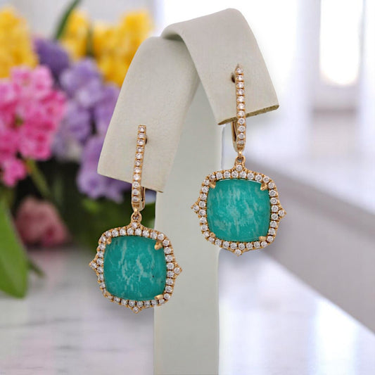 18k Yellow Gold U-Hinge Earrings with Amazonite and Diamonds