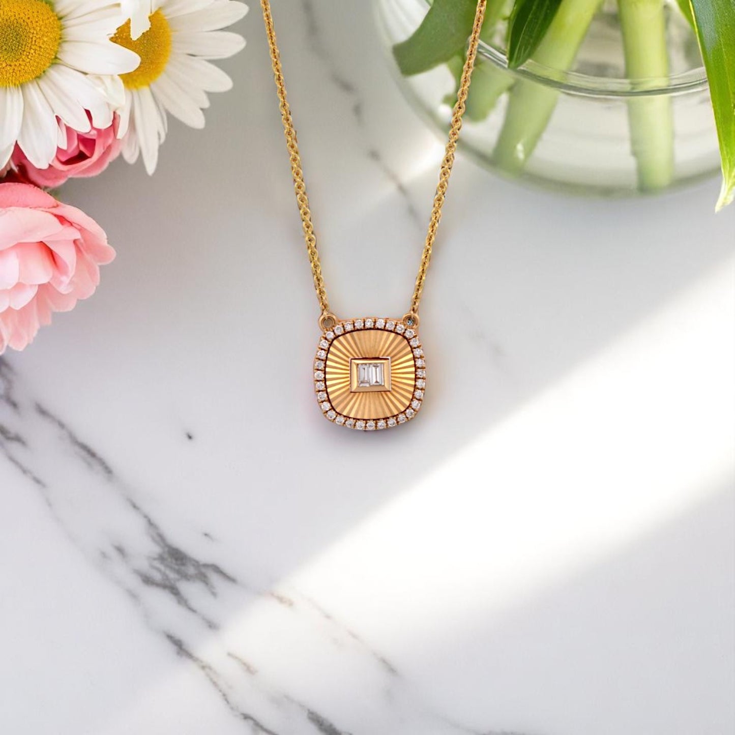 18k Yellow Gold Necklace with Baguette and Round Natural Diamonds on Adjustable 16"-18" Chain