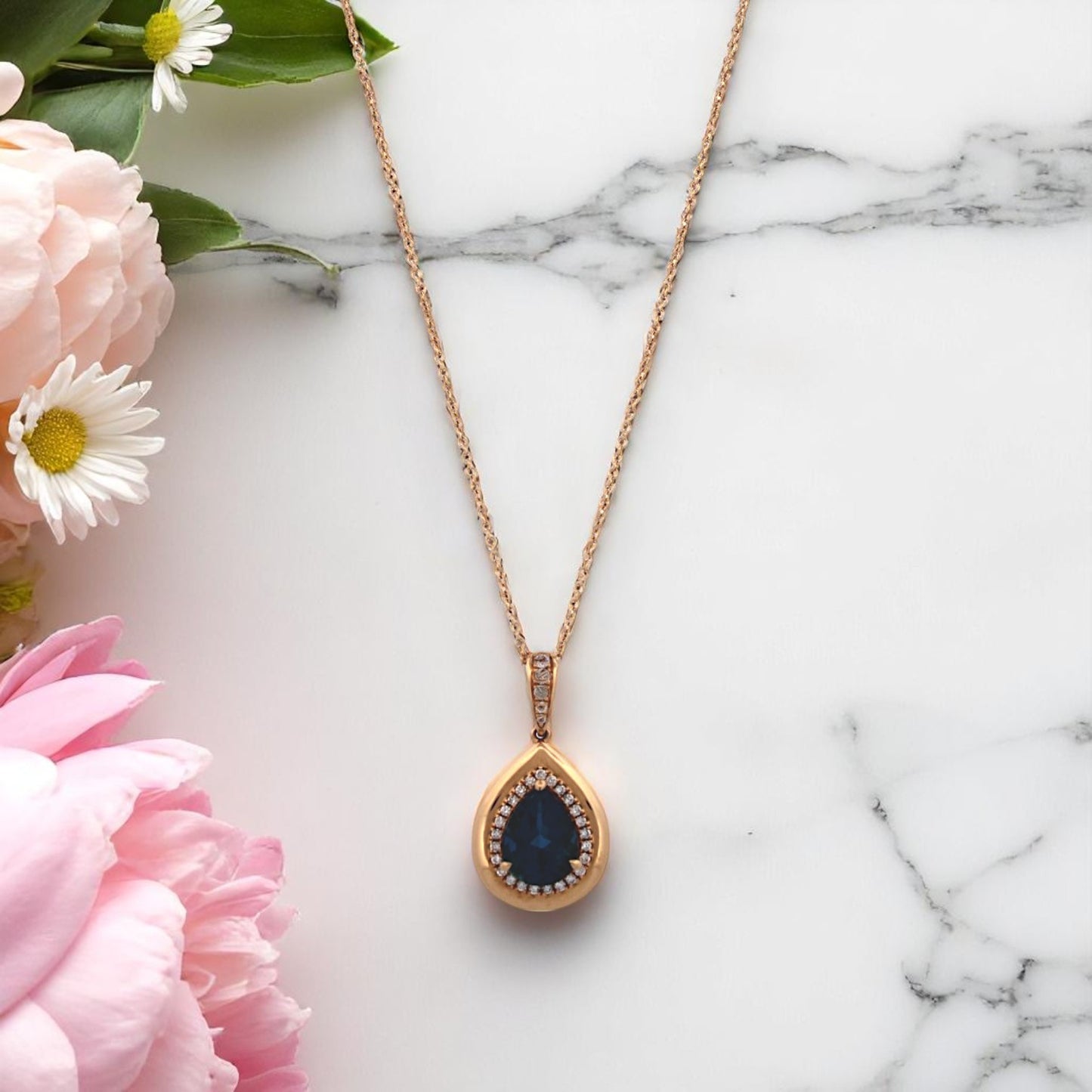 18k Yellow Gold Pendant with 1.85 ct London Blue Topaz and .18 ctw Natural Diamonds on Adjustable Chain