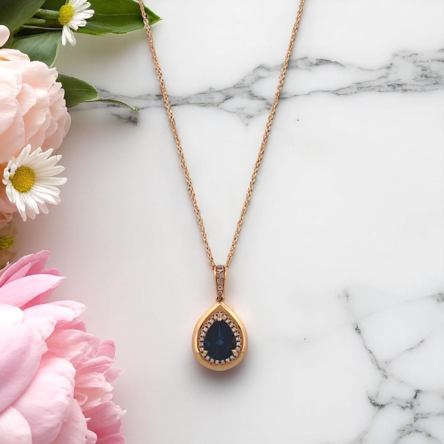 18k Yellow Gold Pendant with 1.85 ct London Blue Topaz and .18 ctw Natural Diamonds on Adjustable Chain
