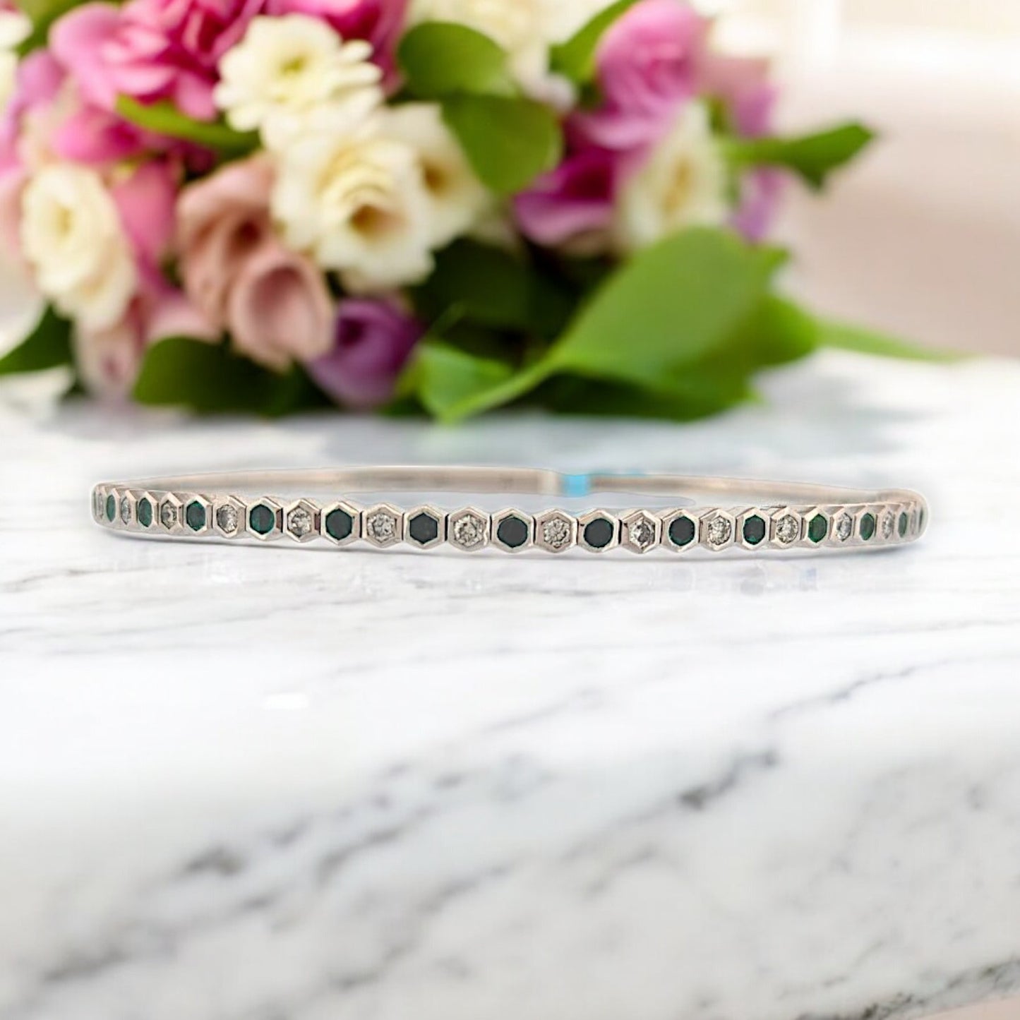 14k White Gold Flex Bracelet with .50 ct Natural Emeralds & .55 ctw Natural Diamonds – Size 6.5
