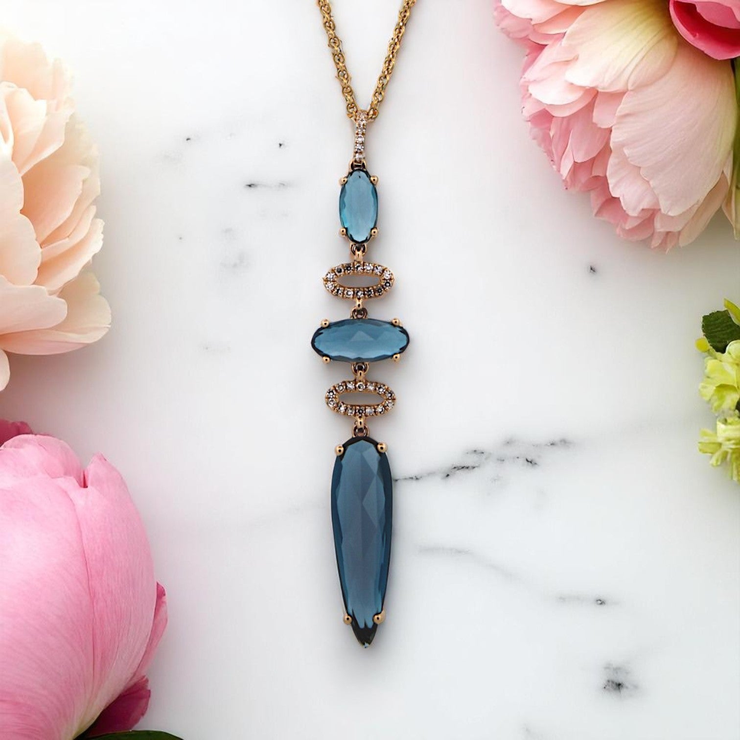 14k Yellow Gold Pendant with 5.04 ct London Blue Topaz & .08 ctw Diamonds on Adjustable 16–18" Chain