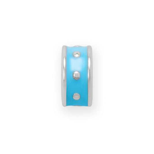 Rhodium Plated Blue Enamel Inlay Dotted Wheel Bead Charm