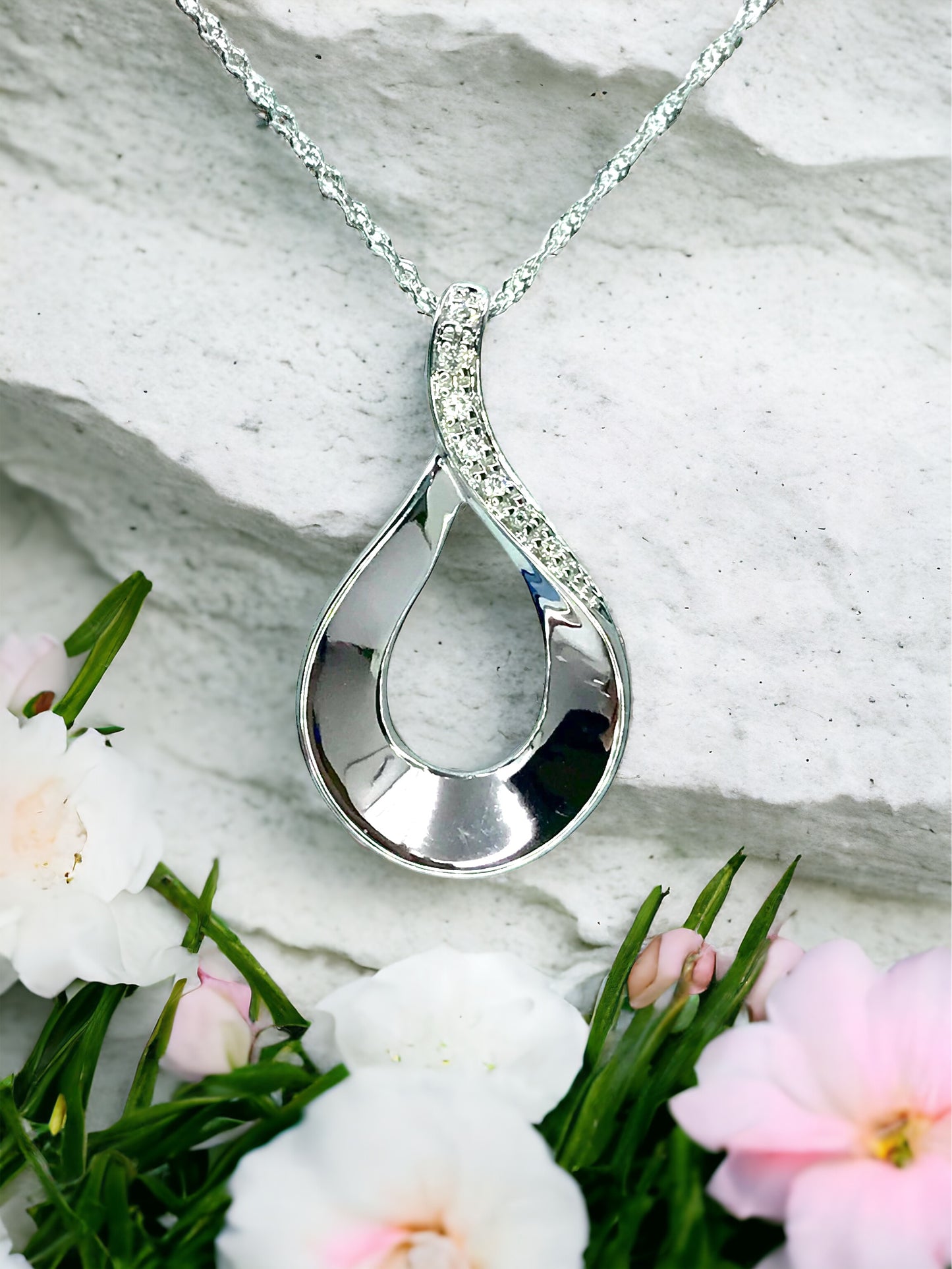 Nina - White Gold Diamond Twist Teardrop Pendant