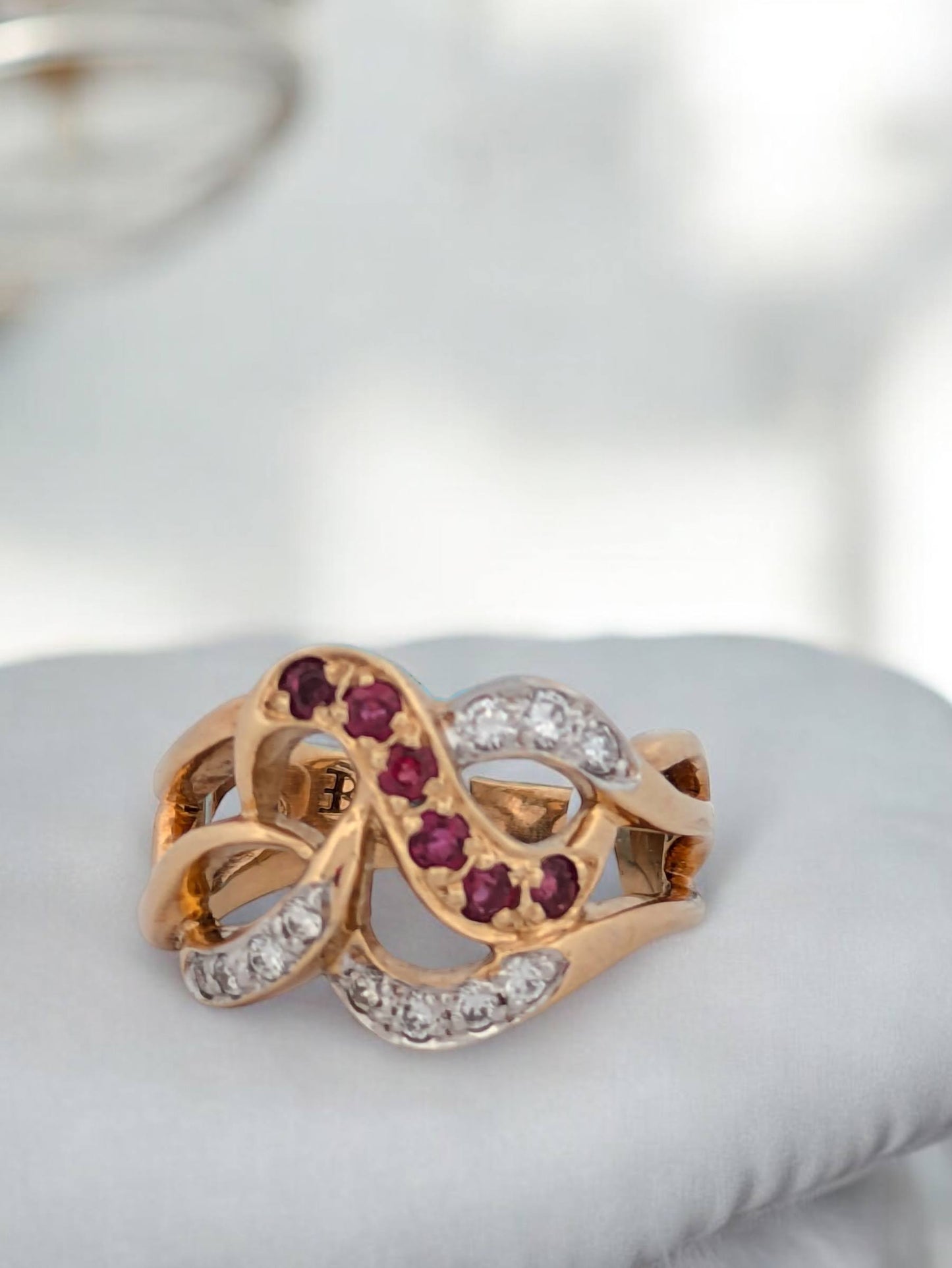 Delphine | 14k Yellow Gold Band with Diamond and Ruby, Unique Artisan Design by Barb Evans, Elegant Ring for Women, Perfect Luxury Gift