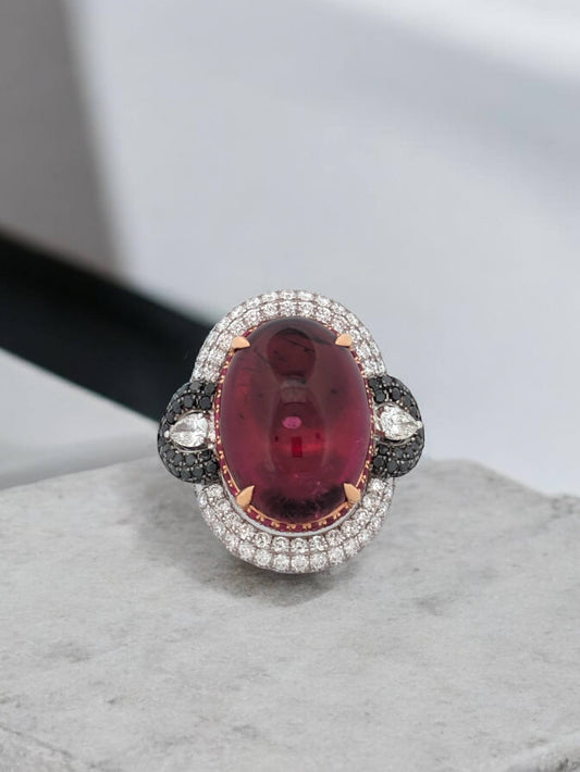 Annalise | 18k White Gold Ring with Center Ruby and 2.14 CTW Diamond Halo, Elegant Fine Jewelry Gift, Unique Gemstone Ring, Size 6.5