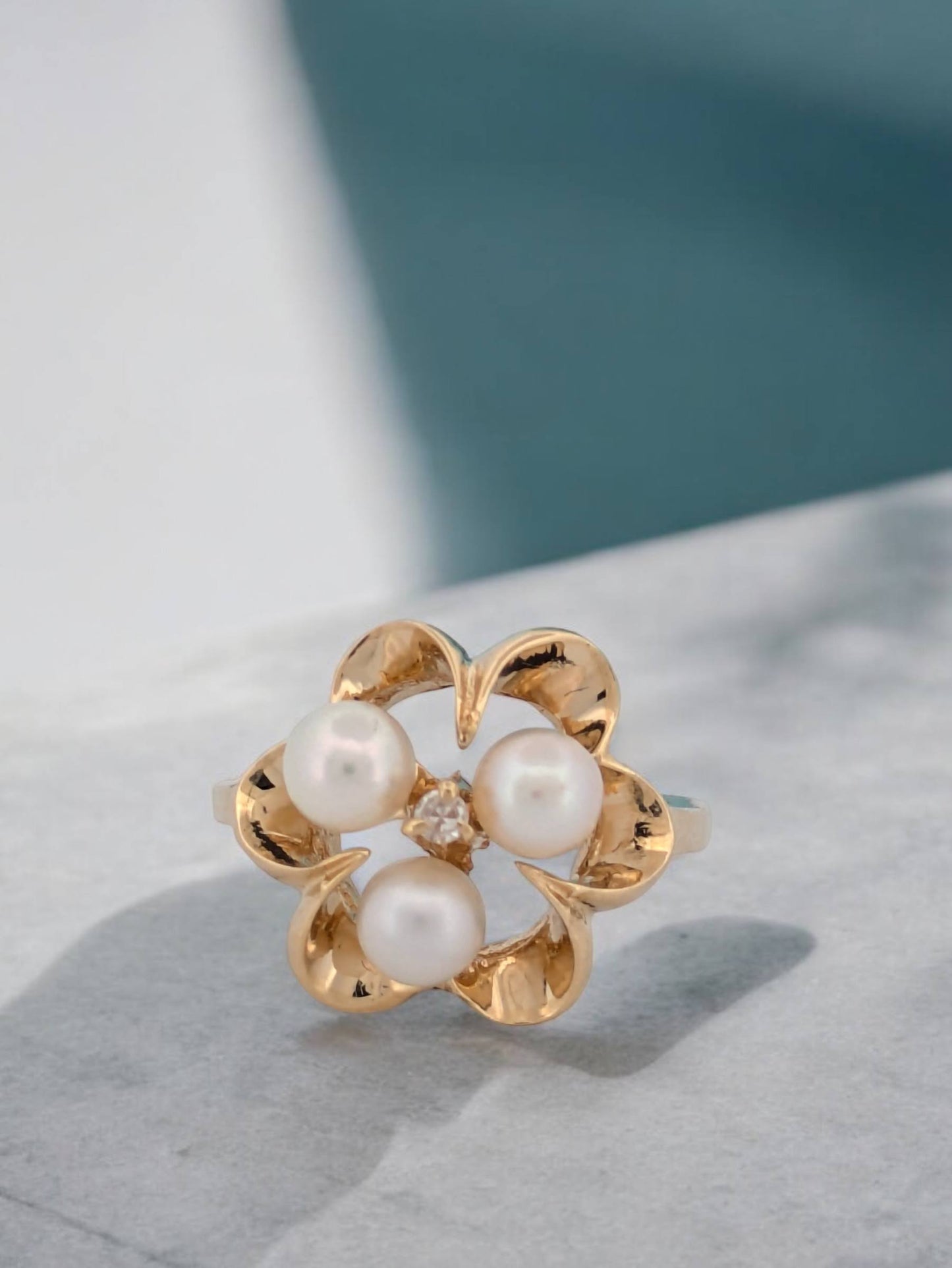 Joanne | 14K Yellow Gold Ring with Trio of Pearls in a Ribbon-Style Setting (Size 5)