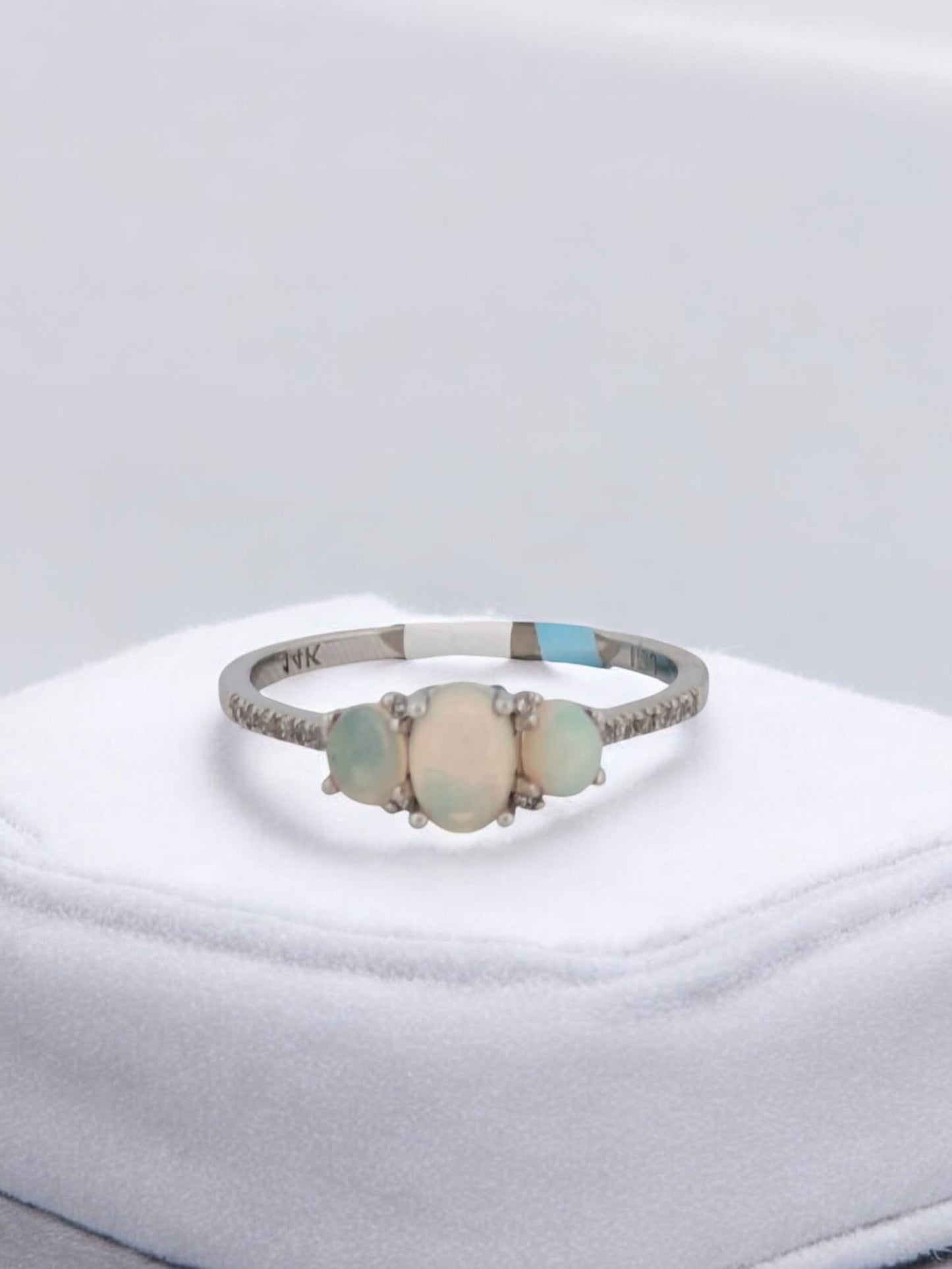 Jennifer | 14K White Gold Ring with Trio of Natural Australian Opals Surrounded by Natural Diamonds (Size 7)