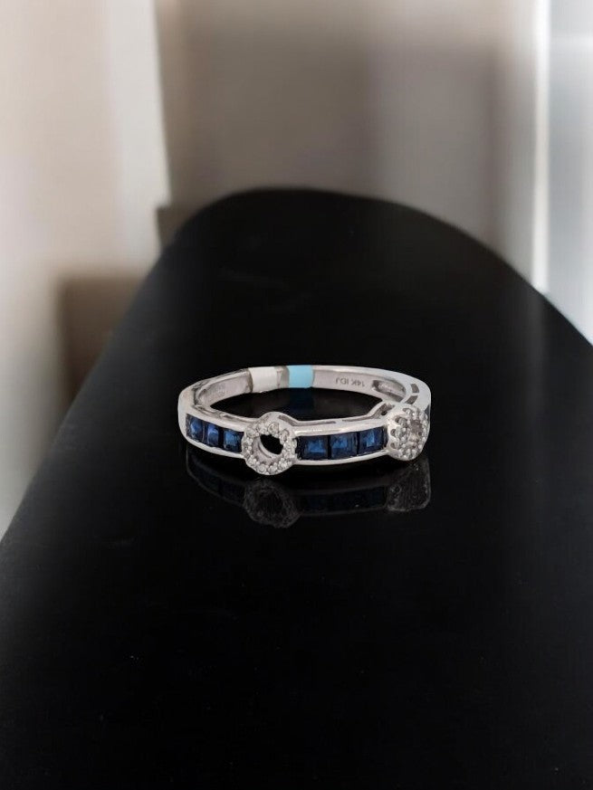 Janet | 14k White Gold Band with Natural Sapphires and Diamond Circle Open-Space Design