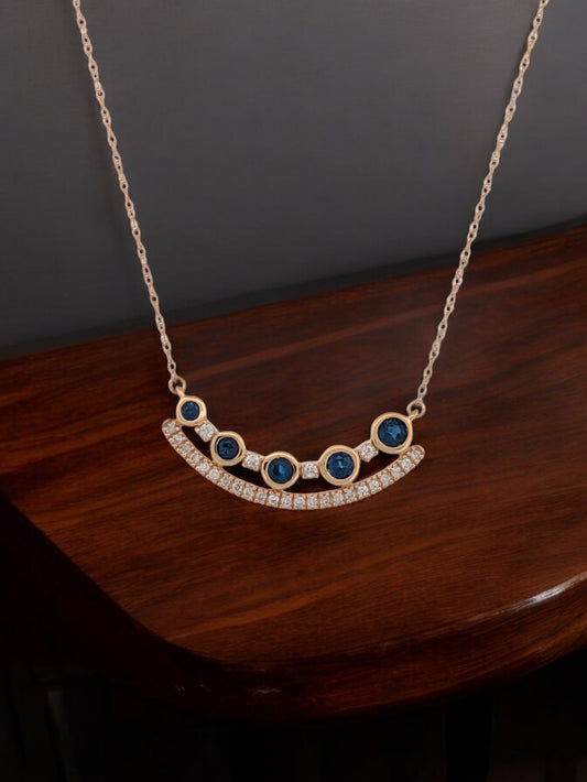 Pamela | 14k Yellow Gold Necklace with Curved Bar of .41 Carat Natural Sapphires & .21 Carat Diamonds | Bezel & Prong Set Diamond Necklace