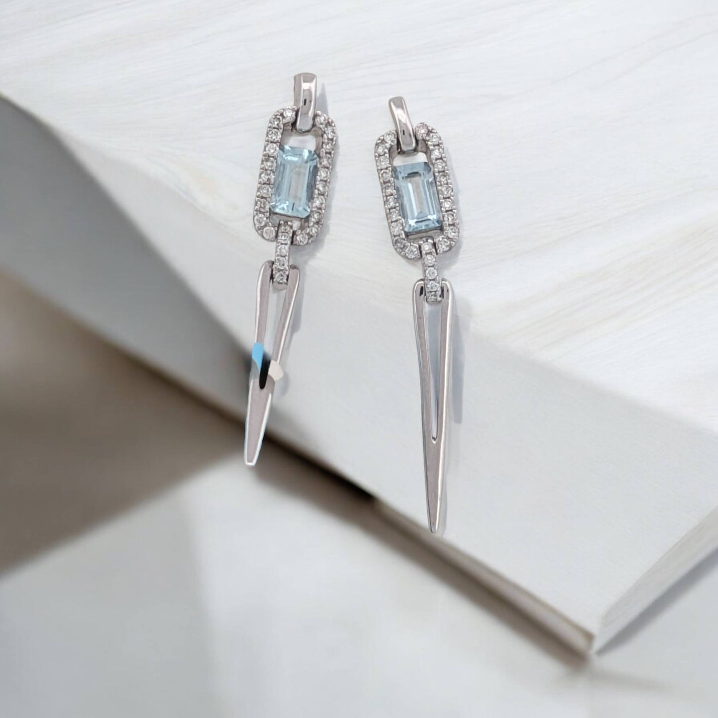 Brenda | 1 Carat Emerald-Cut Aquamarine & Diamond Earrings | 14k White Gold Earrings, Gift for Her