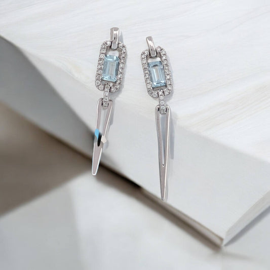 Brenda | 1 Carat Emerald-Cut Aquamarine & Diamond Earrings | 14k White Gold Earrings, Gift for Her