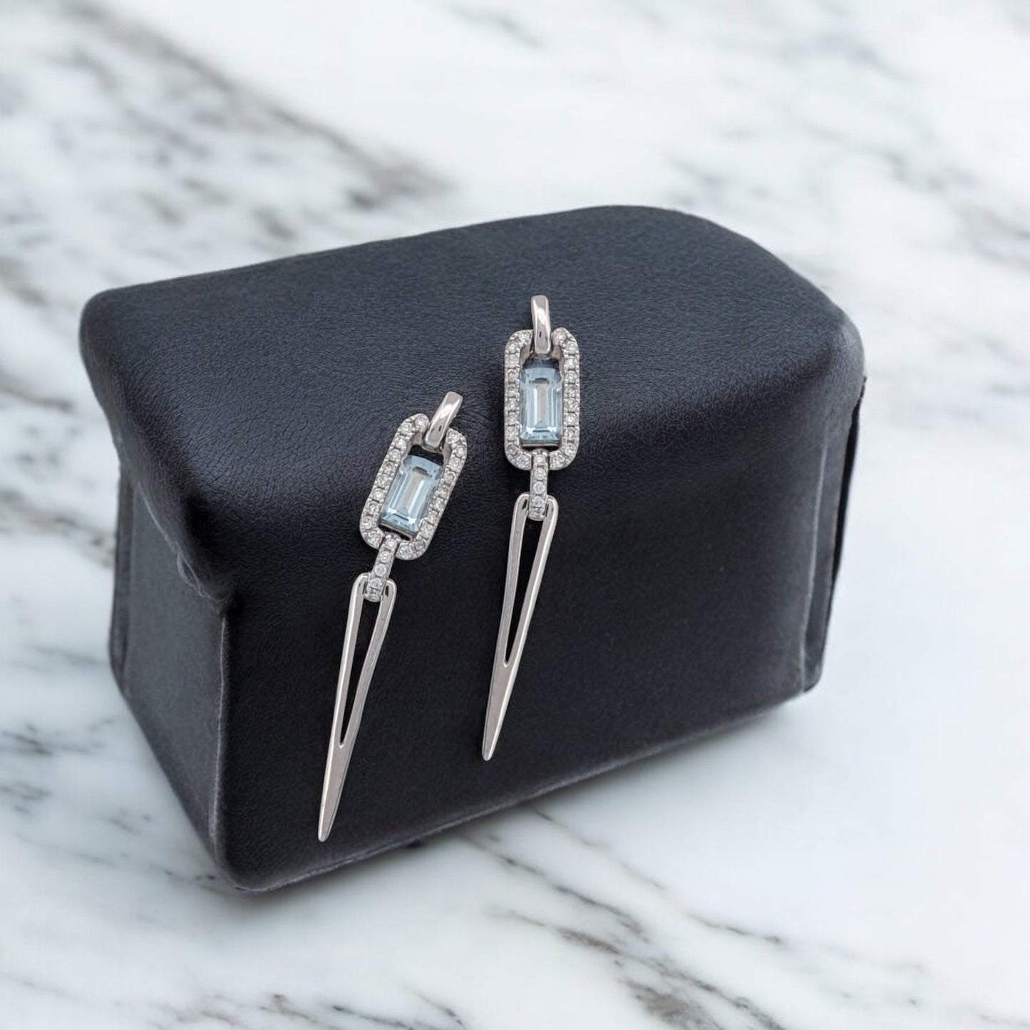 Brenda | 1 Carat Emerald-Cut Aquamarine & Diamond Earrings | 14k White Gold Earrings, Gift for Her