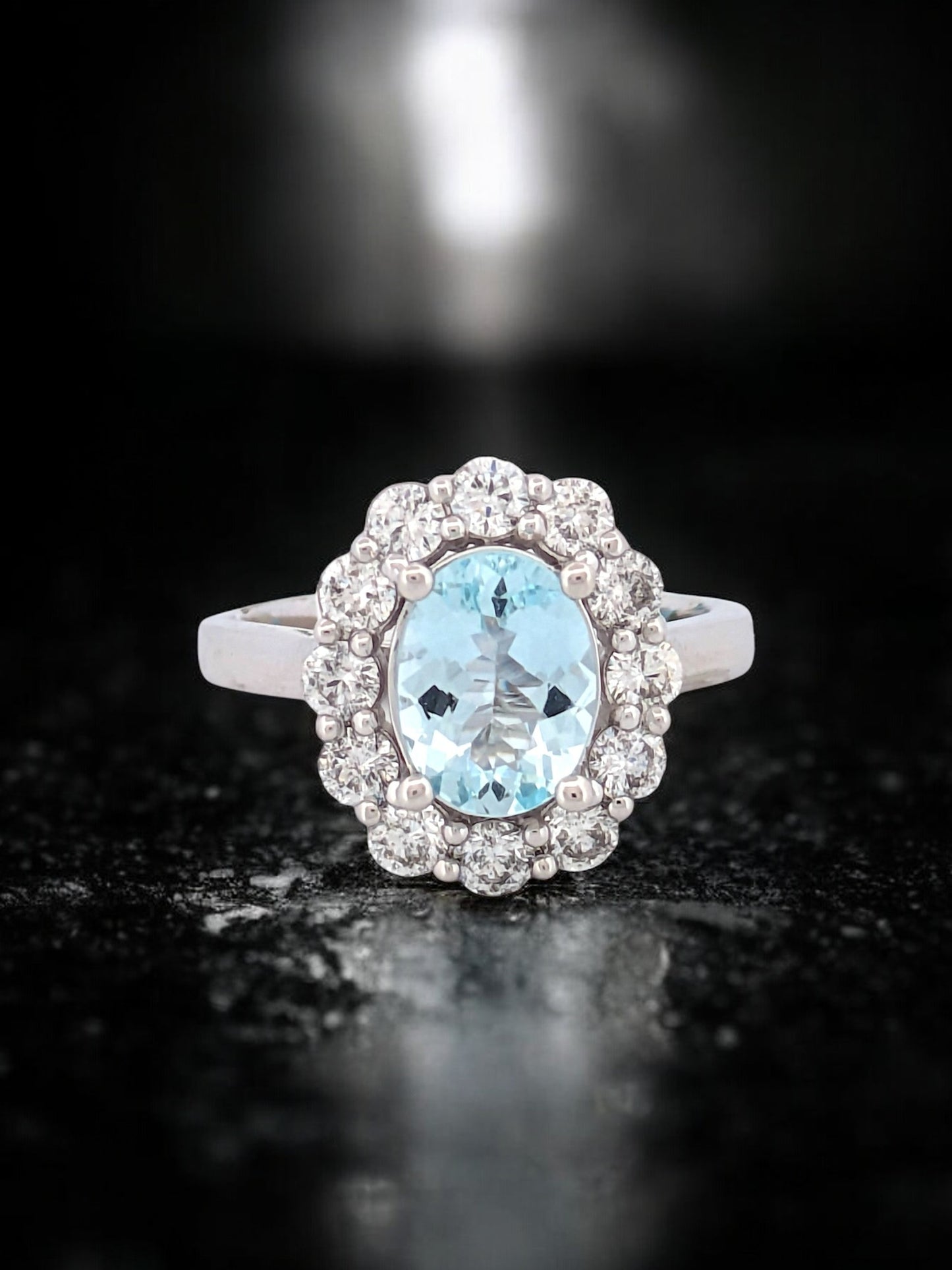 14k White Gold Ring with 1.5 CT Oval Natural Aquamarine & 1 Carat Diamond Halo – Elegant Fine Jewelry for Refined, Graceful Style