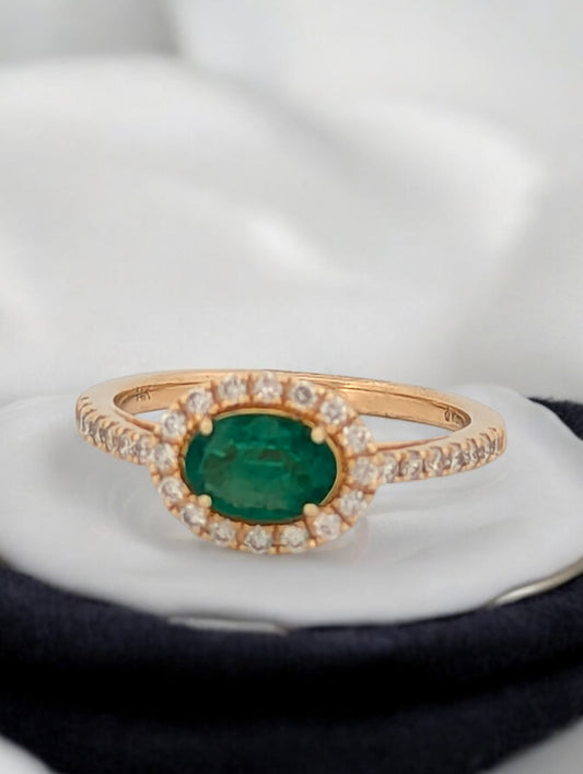 Thea | 14k Yellow Gold Ring with 0.75 Carat East-West Oval Cut Emerald & 0.33 CTW Diamond Halo - Elegant Gemstone Jewelry Gift for Her