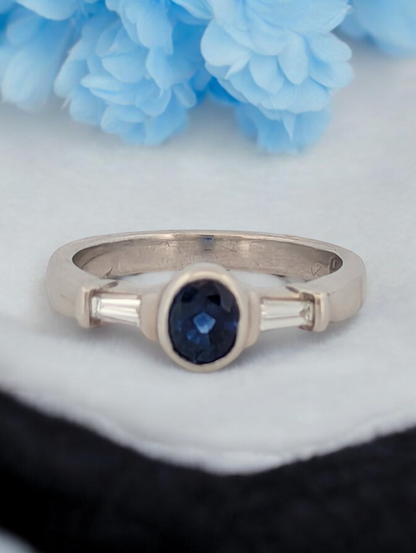 Whitney | Custom 14k White Gold Ring with Bezel-Set Sapphire and Natural Diamond Baguettes, Unique Fine Jewelry Gift, Elegant Design