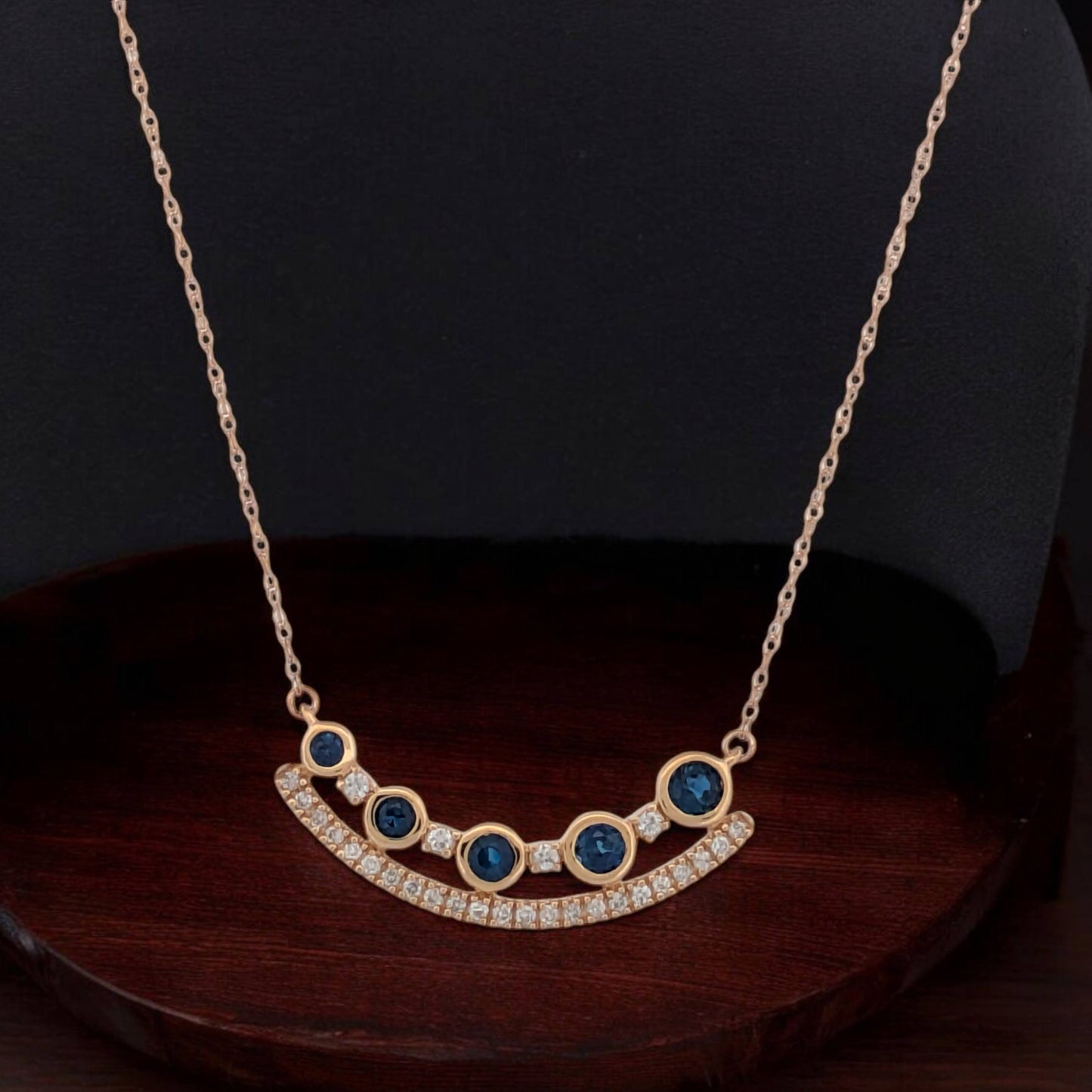 Pamela | 14k Yellow Gold Necklace with Curved Bar of .41 Carat Natural Sapphires & .21 Carat Diamonds | Bezel & Prong Set Diamond Necklace